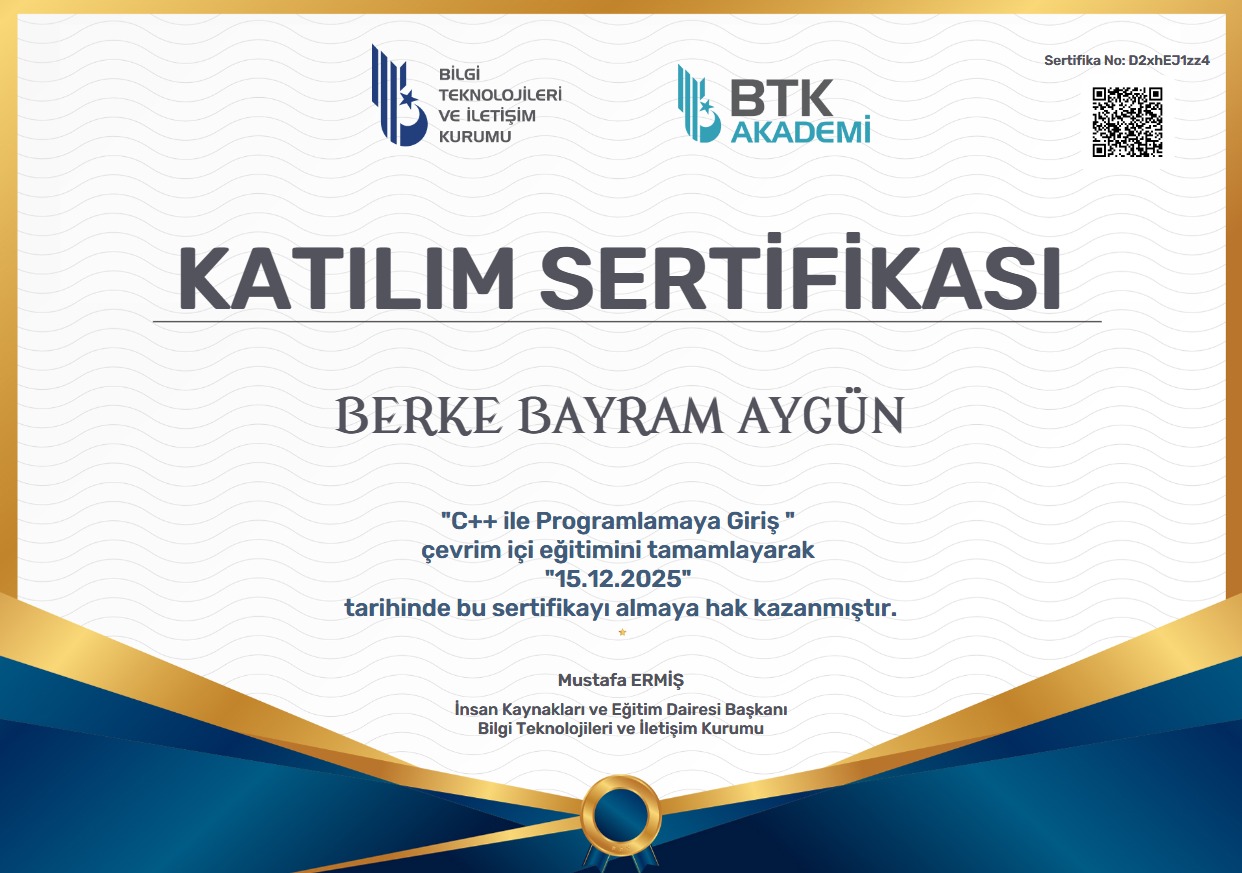 BTK Akademi C++ sertifikası